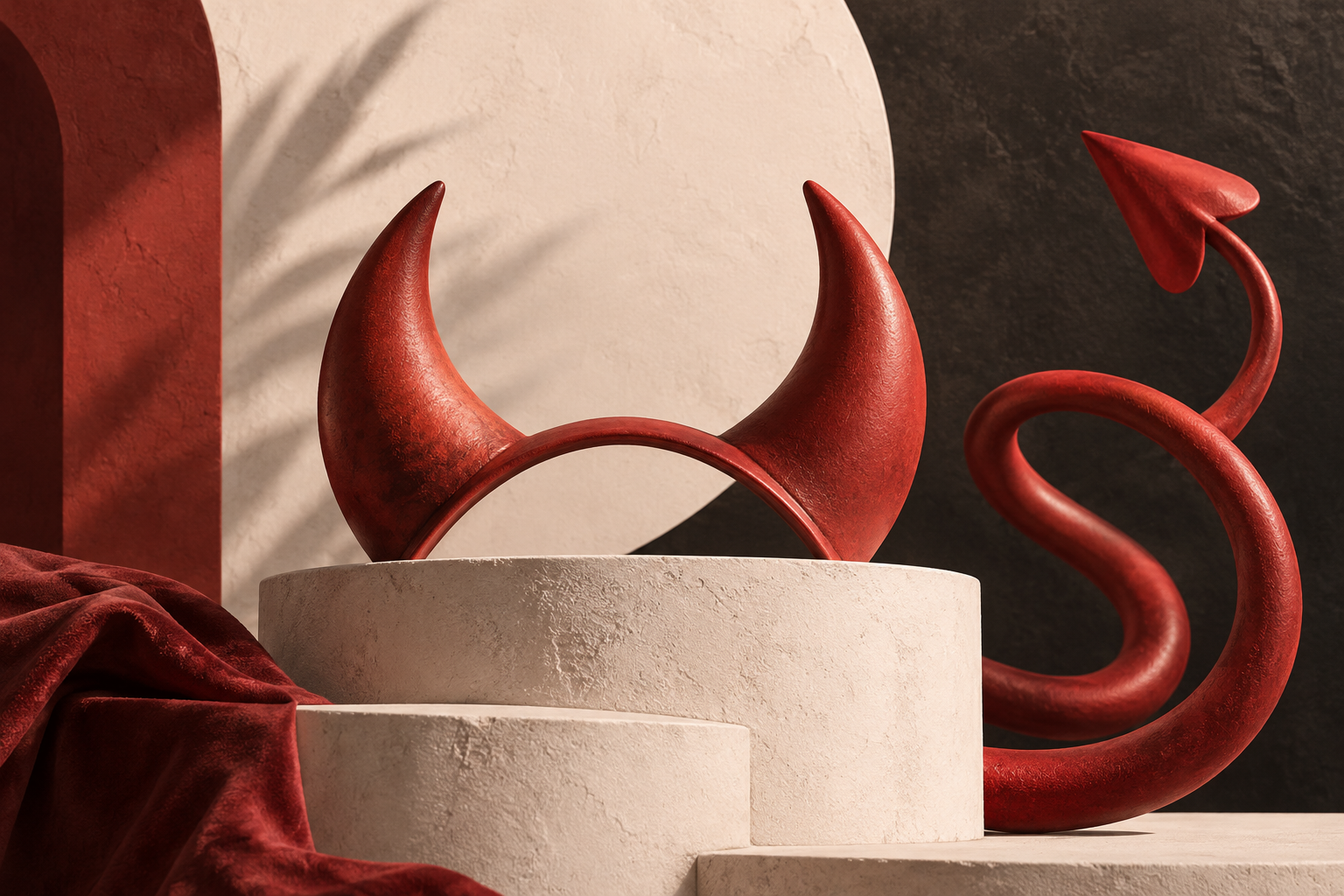 abstract red devil horns and curling tail as sculptural pop art on warm cream and charcoal, playful not frightening